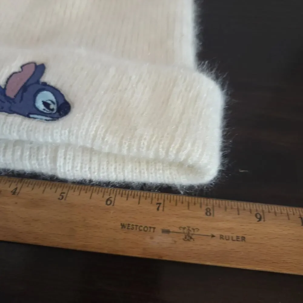 Stitch Knit Beanie Hat Embroidered Appliqués Unisex Warm Stretchy Cream One Sz